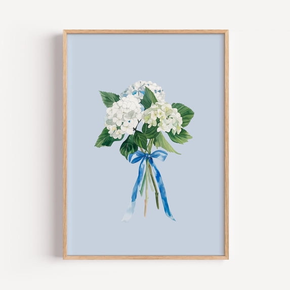 Hydrangea Bouquet Blue Ribbon Coastal Cottage Decoration, Unframed Paper Poster 11x14in