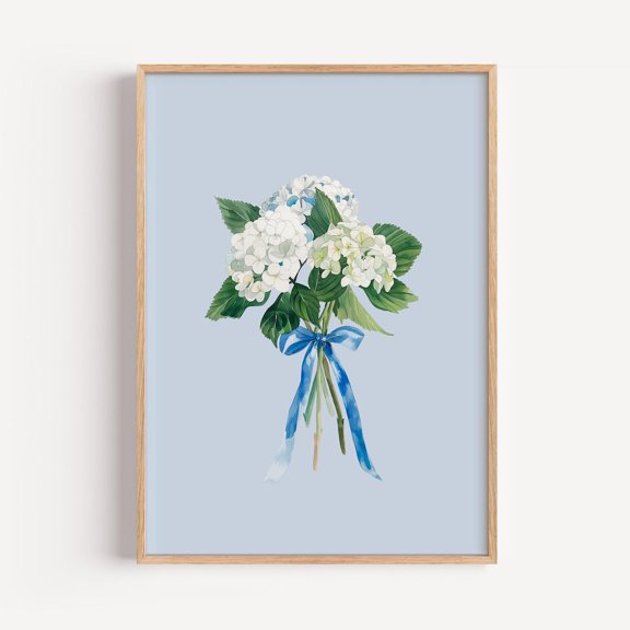 Hydrangea Bouquet Blue Ribbon Coastal Cottage Decoration, Unframed Paper Poster 8x10in