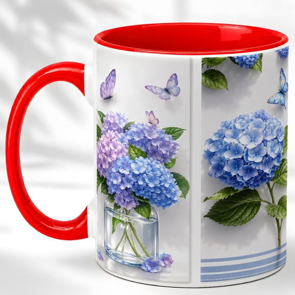 Hydrangea Bouquet Coffee Mug, Butterfly Floral Mug, Ceramic Cup