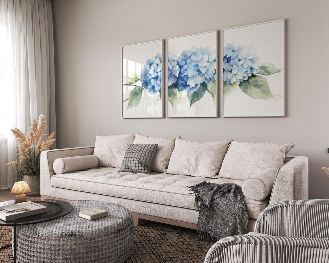 Hydrangea Bouquet Floral Wall Art Blue Set 3 Unframed Paper Print 16x24 ...