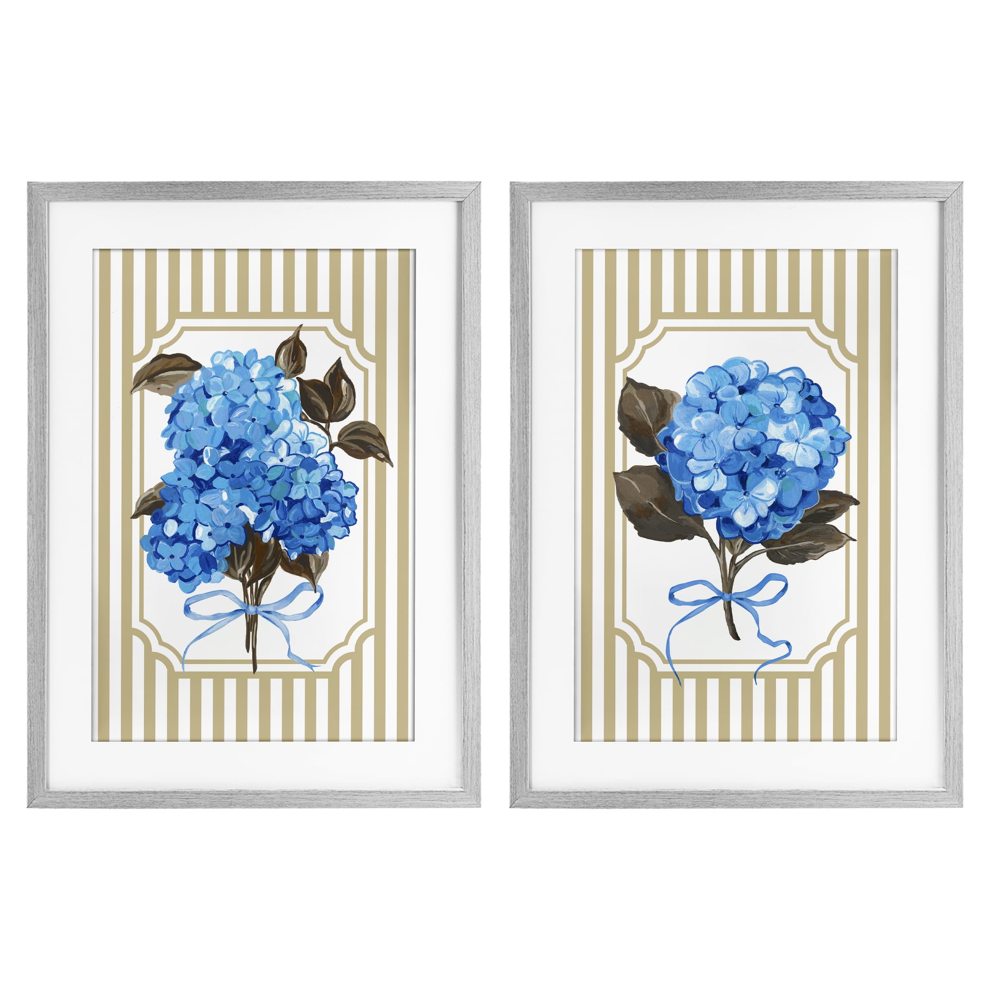 Hydrangea Bouquets with Bows 2 Piece Gray Framed Print Under Glass Set, design by Adonna Ebrahimi