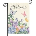 thumbnail image 1 of Hydrangea Butterfly Garden Flag, Flowers Welcome Seasonal August Garden Flags for Farmhouse Outdoor Porch Lawn Decor, Spring Summer Garden Flag Burlap Small Yard Flags for Outside 12x18 Double Sided, 1 of 6