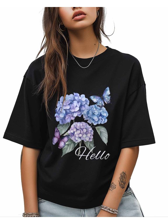Hydrangea Butterfly T Shirts for Women Short Sleeve Cotton Crewneck T-Shirt HELLO Tee Tops Casual Basic T-Shirts, XS-5XL Black XS