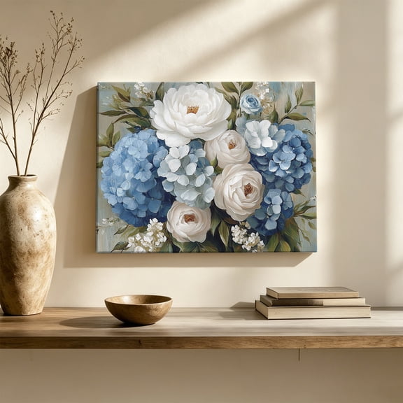 Hydrangea Camellia Canvas Wall Art, Spring White Blue Floral Flower Oil Painting Style Wall Art Prints Artwork Framed Canvas Ready to Hang Art Pictures for Hallway Living Dining Room Bedroom 24"x16"