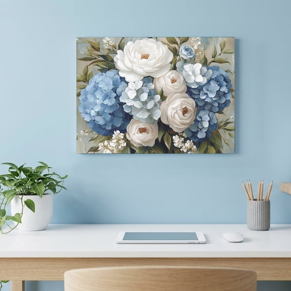Hydrangea Camellia Canvas Wall Art, Spring White Blue Floral Flower Oil Painting Style Wall Art Prints Artwork Framed Canvas Ready to Hang Art Pictures for Kitchen Living Room Bedroom Hallway 28"x22"