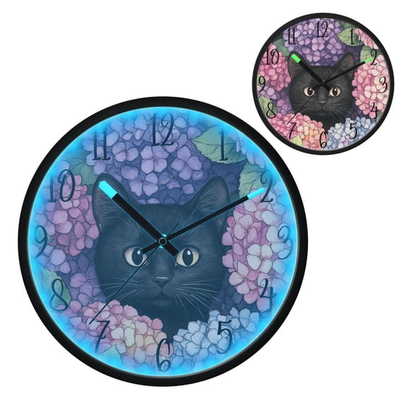 Hydrangea Cat Luminous Wall Clock with Sound-Activated LED 12-Inch Silent Acrylic Timepiece for Bedroom Livingroom or Office