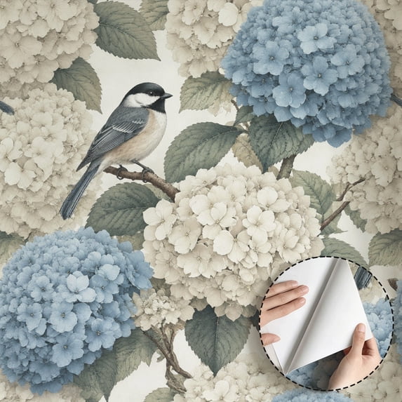 Hydrangea and Chickadee Bird Wallpaper Vintage Farmhouse Aesthetic Peel ...