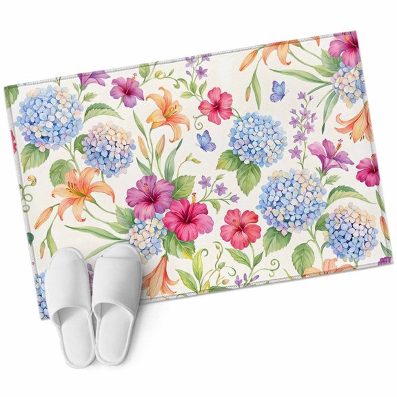 Hydrangea Colorful Bathroom Rug Washable 2x3 Entryway Rug Non Slip Farmhouse Elegant Floral Botanical Front Door Mat Low Pile Indoor Doormat Throw Floor Carpet for Kitchen Bedroom Entrance