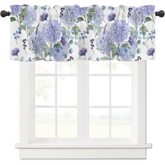 Hydrangea Curtain Valance Window Treatment Purple Hydrangea Flowers Watercolor Leaf Rod Pocket Short Window Valance for Kitchen Windows Living Room Bathroom 54 x 18 Inch,1 Panel