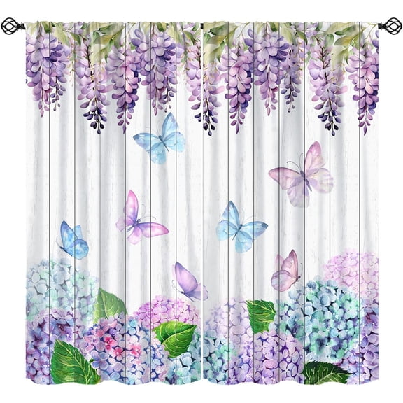 Hydrangea Curtains, Purple Wisteria Leaves Butterfly Hydrangea Wooden Board Print Window Treatments, Rod Pocket Thermal Insulated Drapes 2 Panel Sets for Bedroom Living Room, 63"W X 63"L