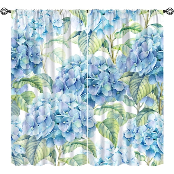 Hydrangea Curtains, Watercolor Blue Hydrangea Leaves Spring Floral Window Treatments, Rod Pocket Thermal Insulated Drapes 2 Panel Sets for Bedroom Living Room, 63" W X 63" L