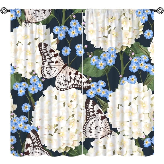 Hydrangea Curtains, White Hydrangea Butterfly Forget Me Not Flower Print Window Treatments, Rod Pocket Thermal Insulated Drapes 2 Panel Sets for Bedroom Living Room, 55" W X 39" L