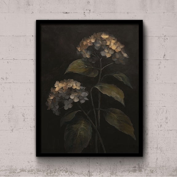 Hydrangea Dark Floral Botanical Art Print, Unframed Paper Poster 8x10in