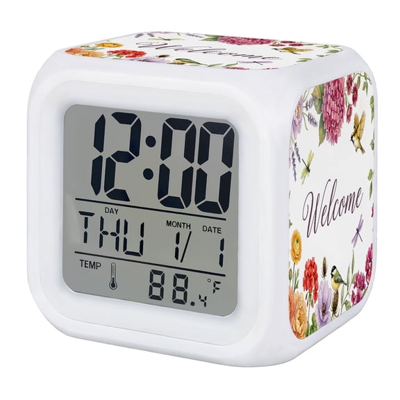 Hydrangea Digital Alarm Clock for Bedrooms, Smart LED Alarm Clock with 7 Color Changing Night Light, Welcome Spring Floral Birds Colorful Silent Wake Up Clocks for Sleep Study Cooking 3.2"x3.2"