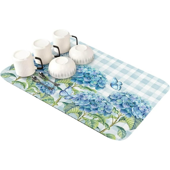 Hydrangea Dish Drying Mat for Kitchen Counter,Super Absorbent Quick Dry Coffee Bar Mat Pad Diatomaceous Sink Mat Non Slip Dish Drainer Mat 23.5x15.5 Blue Plaid Spring Floral Summer Botanical Butterfly