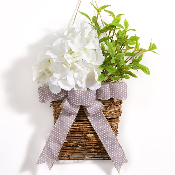 XEAZON Hydrangea Door Hanger Basket Wreath, Cream Hydrangea Wreath, Farmhouse Wreath with Wildflowers,Christmas Wreath for Front Door with Rattan Basket and Burlap Bow for Wall Porch Xmas Decor