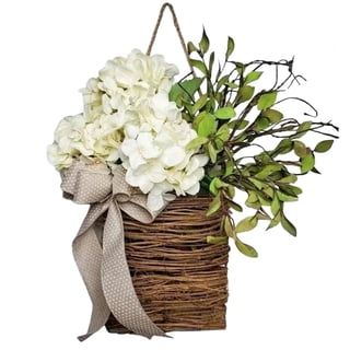 XEAZON Hydrangea Door Hanger Basket Wreath, Cream Hydrangea Wreath, Farmhouse Wreath with Wildflowers,Christmas Wreath for Front Door with Rattan Basket and Burlap Bow for Wall Porch Xmas Decor