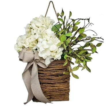 Hydrangea Door Hanger Basket Wreath, Cream Hydrangea Wreath,Farmhouse Wreath with Wildflowers,Summer Wreath for Front Door with Rattan Basket and Burlap Bow for Wall Home Porch Decor (White)