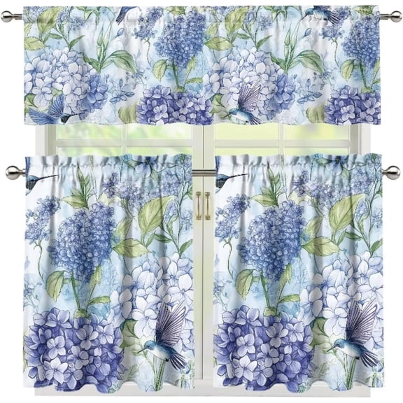 Hydrangea Dragonfly Kitchen Window Curtains Valance and Tier Set 36 Inch, Spring Hummingbird Rod Pocket Short Tier Curtain, Floral Small Cafe Drapes for Kitchen Decor