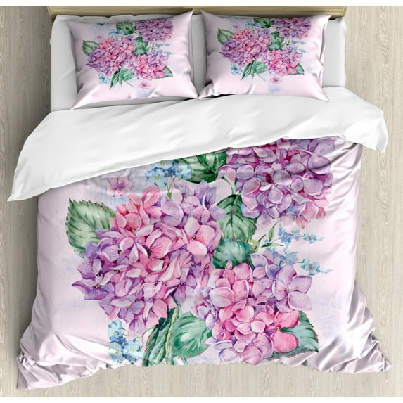 Hydrangea Duvet Cover Set, Grunge Watercolor Vintage Floral Spring Bouquets Nature Blossom, Decorative 3 Piece Bedding Set with 2 Pillow Shams, Queen Size, Pale Pink Multicolor, by Ambesonne