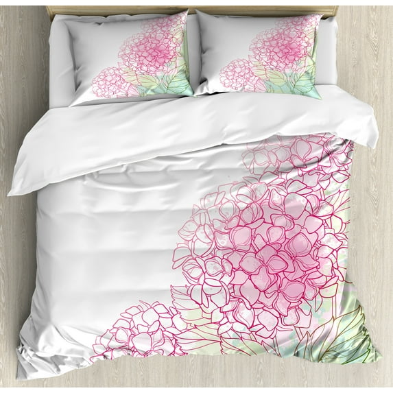 Hydrangea Duvet Cover Set, Summer Botanical Image of Grunge Paint Flowers, Decorative 3 Piece Bedding Set with 2 Pillow Shams, King Size, Pale Green Rose, by Ambesonne