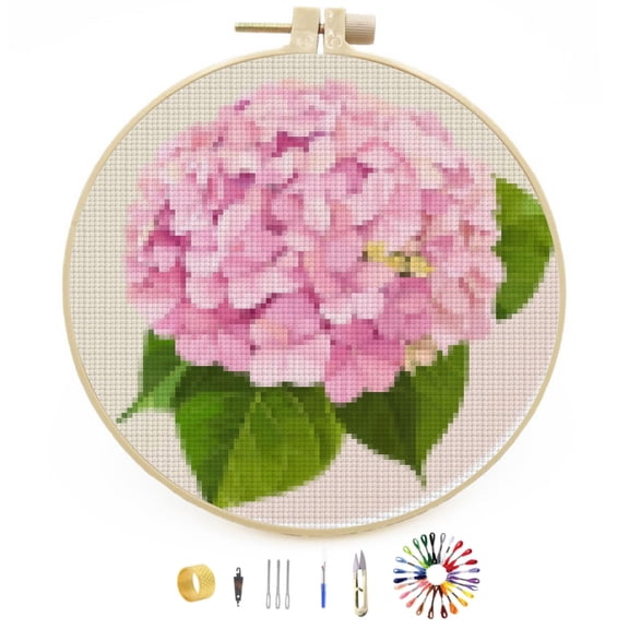 Hydrangea Easy Stamped Cross Stitch Kits for Beginners with Hoop Simple Patterns 11CT Counted Embroidery Needlepoint Crafts Arts for DIY Enthusiasts and Home Decor 30x30cm(2)