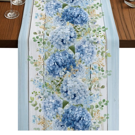 Hydrangea Eucalyptus Burlap Cotton Table Runner 13x120 Inches Long, Summer Botanical Blue Wooden Farmhouse Table Runners, Outdoor Dining Table Decor for Baby Shower/Party/Wedding