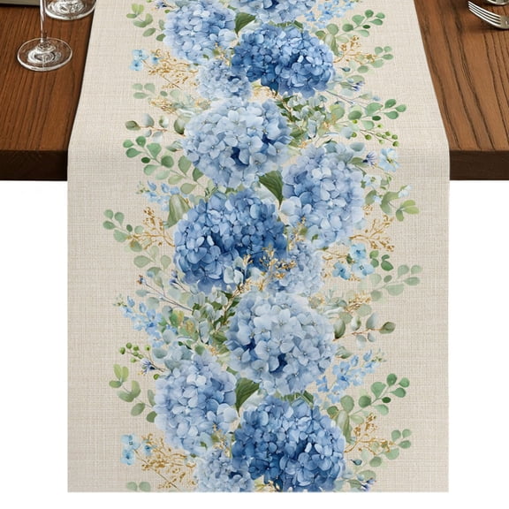 Hydrangea Eucalyptus Burlap Cotton Table Runner 13x36 Inches Short, Summer Botanical Vintage Beige Farmhouse Table Runners, Outdoor Dining Table Decor for Baby Shower/Party/Wedding