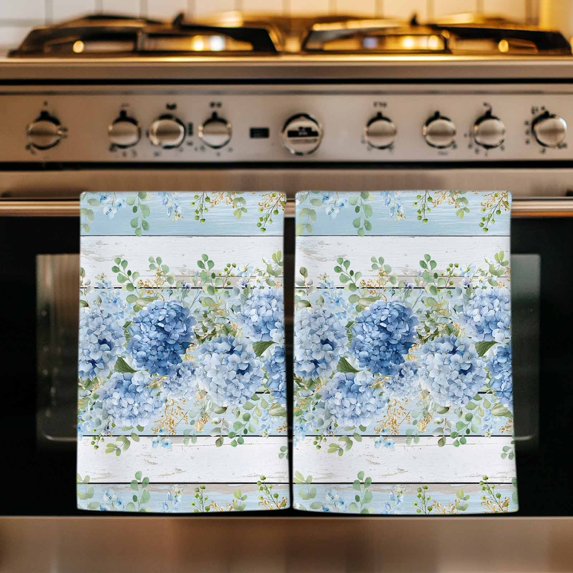Hydrangea Eucalyptus Kitchen Towels Set of 1, Summer Botanical Blue Wooden Absorbent Dish Towels for Kitchen, Microfiber Hand Towel, Quick Drying Tea Towel for Cleaning Decorative Dishcloths