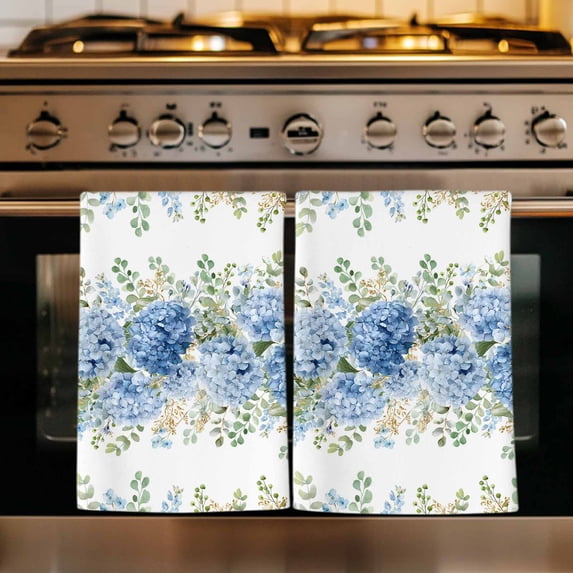 Hydrangea Eucalyptus Kitchen Towels Set of 1, Summer Botanical Leaves Butterfly Absorbent Dish Towels for Kitchen, Microfiber Hand Towel, Quick Drying Tea Towel for Cleaning Decorative Dishcloths