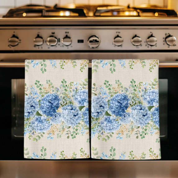 Hydrangea Eucalyptus Kitchen Towels Set of 3, Summer Botanical Vintage Beige Absorbent Dish Towels for Kitchen, Microfiber Hand Towel, Quick Drying Tea Towel for Cleaning Decorative Dishcloths