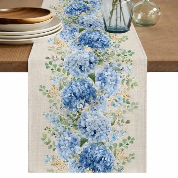 Hydrangea Eucalyptus Table Runner 108 Inches, Summer Botanical Vintage Beige Bed Runner Dresser Scarves Tabletop for Indoor Outdoor Parties/Ceremony/Banquet, 13"x 108"
