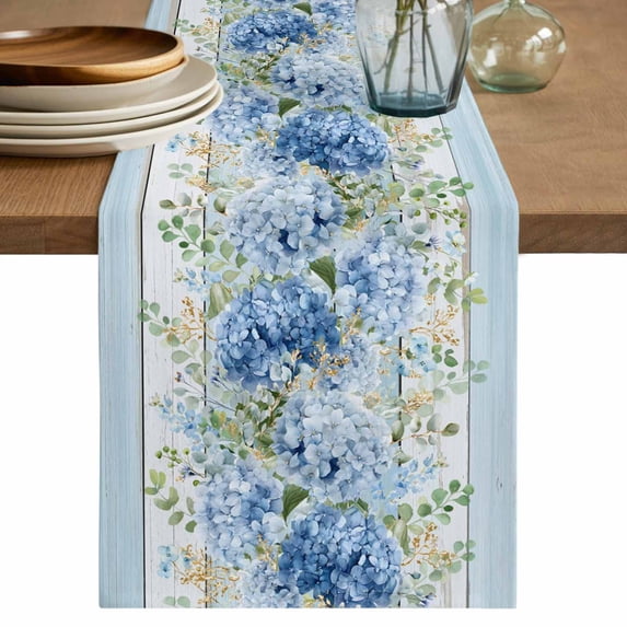 Hydrangea Eucalyptus Table Runner 72 Inches, Summer Botanical Blue Wooden Bed Runner Dresser Scarves Tabletop for Indoor Outdoor Parties/Ceremony/Banquet, 13" x 72"