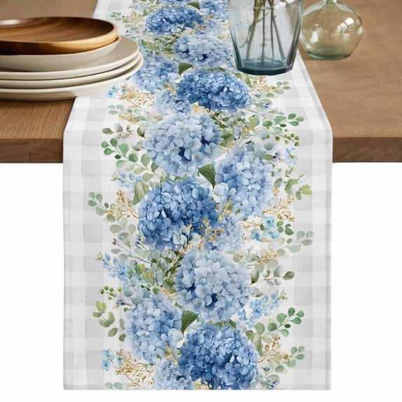 Hydrangea Eucalyptus Table Runner 72 Inches, Summer Botanical Grey Buffalo Plaid Bed Runner Dresser Scarves Tabletop for Indoor Outdoor Parties/Ceremony/Banquet, 14" x 72"