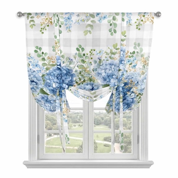 Hydrangea Eucalyptus Tie Up Curtains for Kitchen Windows,Adjustable Rod Pocket Valance 45 Inch Short, Summer Botanical Grey Buffalo Plaid Window Treatment Balloon Roman Blind Shade, 42" x 45"