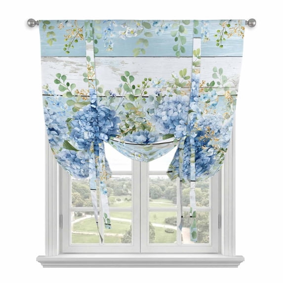 Hydrangea Eucalyptus Tie Up Curtains for Small Windows,Adjustable Rod Pocket Valance 45 Inch Short, Summer Botanical Blue Wooden Window Treatment Balloon Roman Blind Shade, 34" x 45"