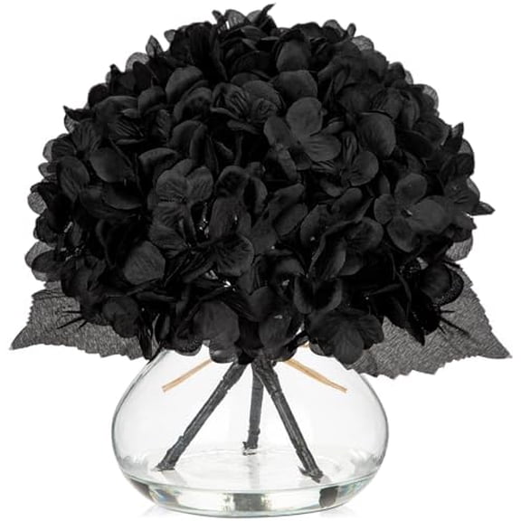 Hydrangea Fall Flowers Artificial for Decoration with Glass Vase Black Silk Faux Flowers Arrangements in Vase with Faux Water Fake Floral Bouquet Table Centerpiece Halloween Home Decor
