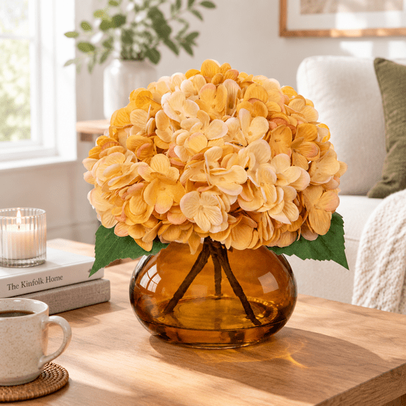 Hydrangea Fall Flowers Artificial For Decoration With Glvase Yellowish ...