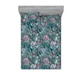 thumbnail image 1 of Hydrangea Fitted Sheet & Pillow Sham Set, Bohemian Aura Artwork of Jungle Boho Flowers with Leaves Greenery, Decorative Printed 3 Piece Bedding Decor, King, Almond Green and Pale Ruby, by Ambesonne, 1 of 1