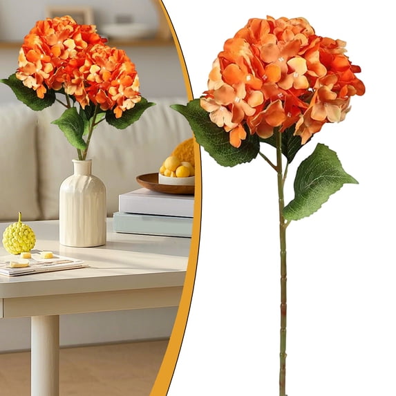 Hydrangea Floral Arrangement, Artificial Silk Flower Stem with Natural-Looking Leaves, 23.62 Inch Orange Faux Hydrangea for Vase Decor