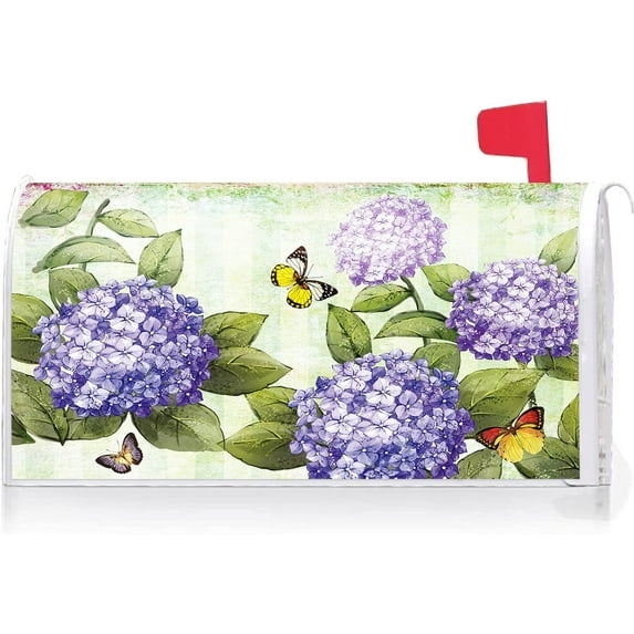 Hydrangea Floral Butterflies Decoration Mailbox Cover with Magnetic Strip Spring Mailbox Wraps Post Letter Box Cover Standard Size 21" X 18" for Garden Outdoor Yard Decor