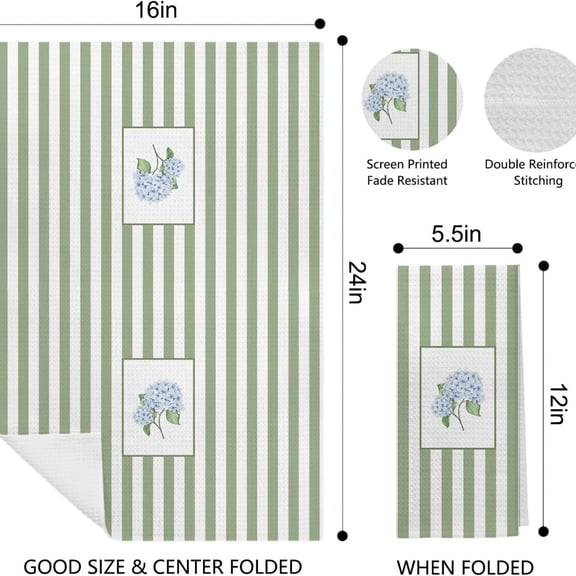 Hydrangea Floral Kitchen Dish Towels, Blue Hydrangea Flower Sage Green Striped Decorative Hand Towels for Bathroom Kitchen, Floral Bathroom Decor, 16x24 Inch Set of 2