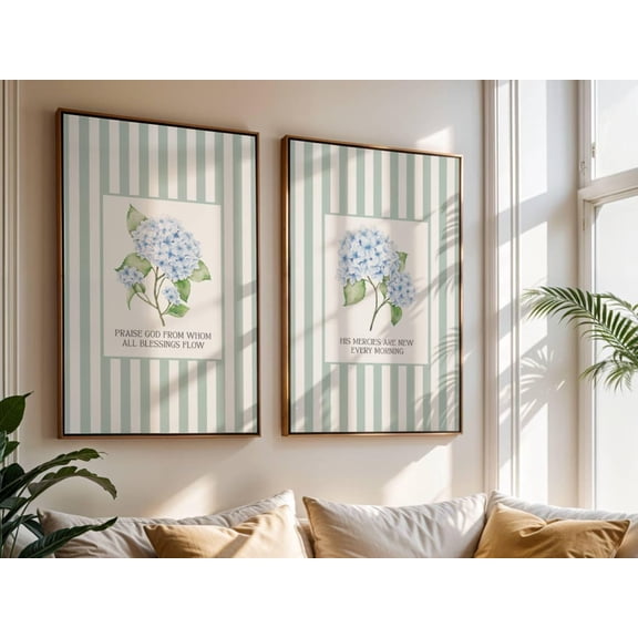 Hydrangea Floral Scripture Wall Art Blue Striped Christian Religious Print Set 2 Stretched Canvas 16x24