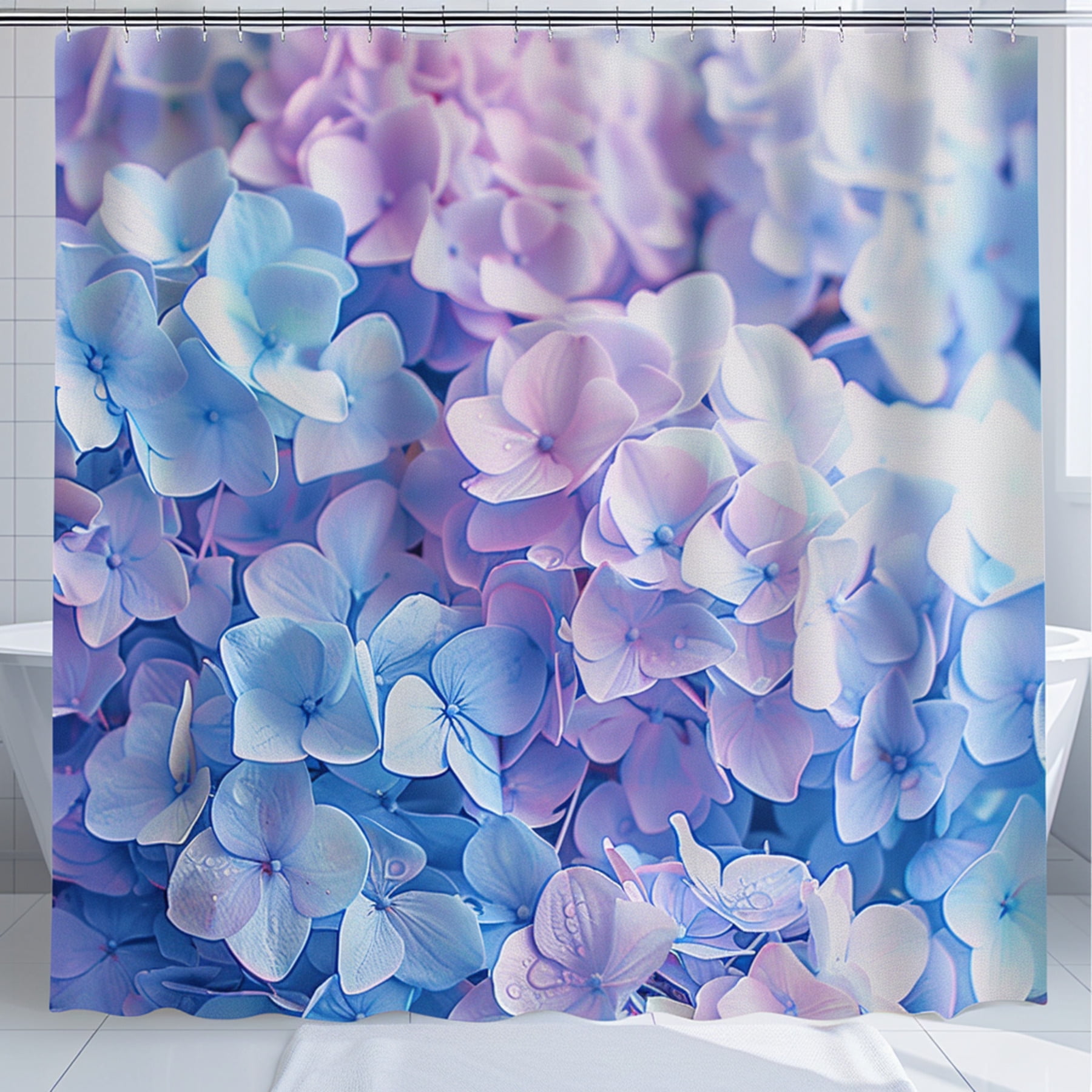 Hydrangea Floral Shower Curtain Light Blue and Purple Bathroom Decor