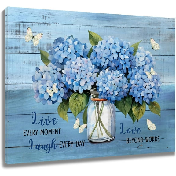 Hydrangea Flower Canvas Wall Art Blue Floral and Butterfly Inspirational Wall Art for Living Room,Rustic Plank Pictures Wall Decor Framed Wall Art for Bedroom Bathroom Office,12L x 16W inches