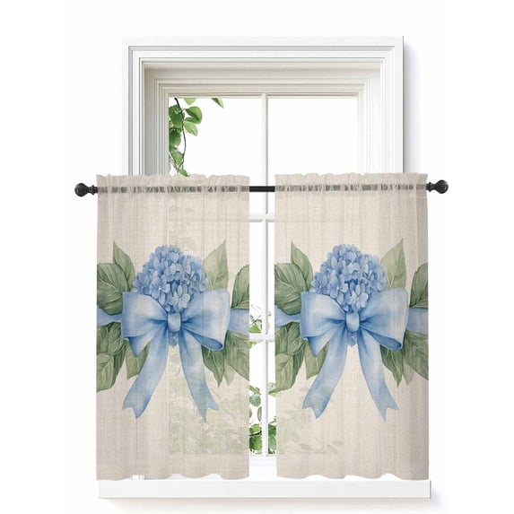 Hydrangea Flower Curtains 54 Inch Length, Sheer Curtains for Bedroom Living Room Window Pastoral Blue Bow Floral Spring Lraf Rod Pocket Drapes Kitchen Curtains Small Half Window 52"x54" 2 Panels