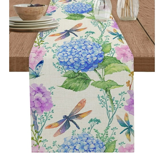 Hydrangea Flower Dragonfly Vintage Linen Table Runner Kitchen Table Decoration Farmhouse Dining Tablecloth Wedding Party Decor