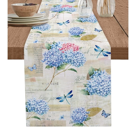 Hydrangea Flower Dragonfly Vintage Linen Table Runner Kitchen Table Decoration Farmhouse Dining Tablecloth Wedding Party Decor