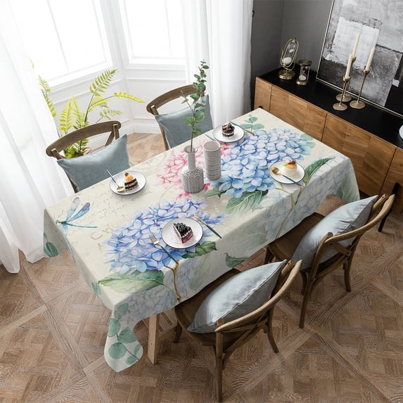 Hydrangea Flower Dragonfly Vintage Waterproof Rectangular Tablecloth Dining Table Coffee Table Cover Outdoor Picnic Cloth