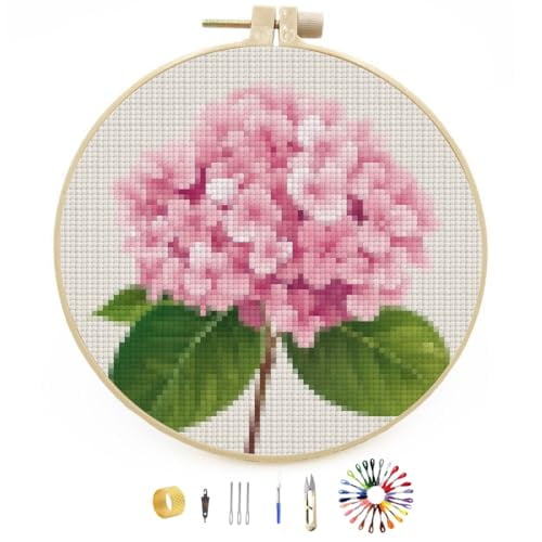 Hydrangea Flower Easy Stamped Cross Stitch Kits for Beginners with Hoop Simple Patterns 11CT Counted Embroidery Needlepoint Crafts Arts for DIY Enthusiasts and Home Decor 26x26cm